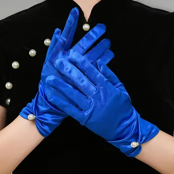 1 Пара ретро-атласных перчаток для невесты с декором из искусственного жемчуга, плиссированные манжеты, Свадебные перчатки, однотонные винтажные Элегантные перчатки