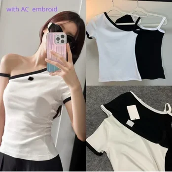 143804, Модная классическая роскошная дизайнерская черно-белая асимметричная футболка с открытыми плечами и коротким рукавом, женская