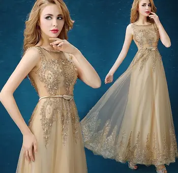 2016 новые дешевые тонкие вечерние платья с кружевом цвета шампанского и золота, длинные