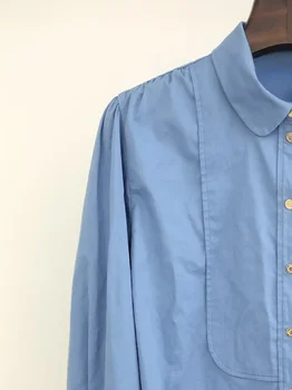 2023 Весна /Лето French MA New Klein Синяя рубашка с отворотом и пузырчатым рукавом, женская рубашка с длинным рукавом