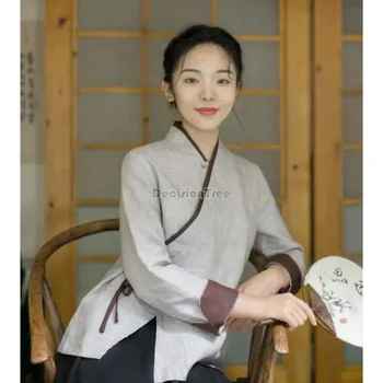 2023 осенняя китайская стильная традиционная хлопчатобумажная льняная винтажная блузка tang suits винтажная блузка hanfu в стиле кимоно женский топ a635
