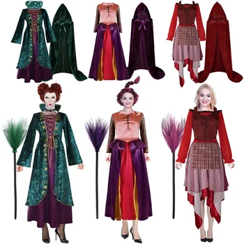 2024 Взрослый Фокус-Покус 2 Длинное платье для женщин и девочек Хэллоуин Маскарад Косплей Сумасшедшая Ведьма Вампир Демон Призрак Праздничный костюм