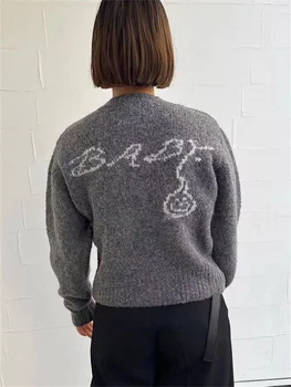 2024 Новый женский винтажный свитер на двойной молнии с буквенным принтом, жаккардовый женский кардиган с круглым вырезом и длинным рукавом из смесовой шерсти