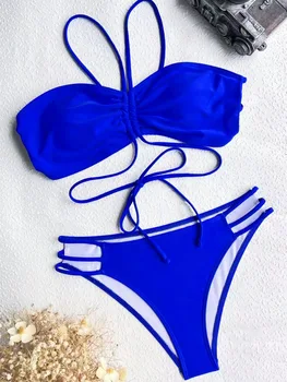 2024 Новый женский купальник Королевского синего цвета, бикини из двух частей, однотонные перекрещивающиеся бретельки, сексуальный пляжный купальник без спинки с накладкой на грудь
