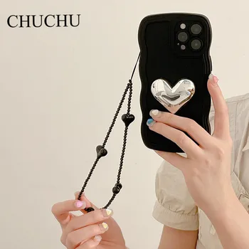 3D Покрытие Love Heart Wave Силиконовый Мягкий Чехол для iphone 14 13 12 Pro Max 11 XR XS 7 8 plus SE3 С Подвесной Цепочкой И Ремешком-Талрепом