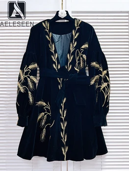 AELESEEN Осенне-зимнее винтажное женское платье с тяжелой золотисто-серебристой вышивкой 