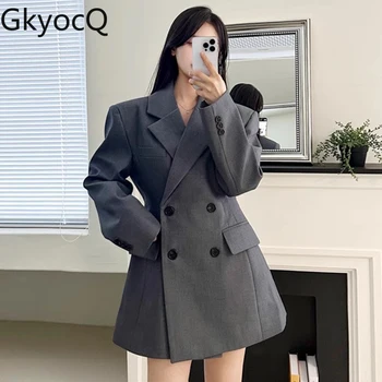 GkyocQ Южная Корея Шикарный осенний ретро-пиджак для пожилых людей с двубортным дизайном, универсальный тонкий длинный пиджак с завышенной талией, женские пальто