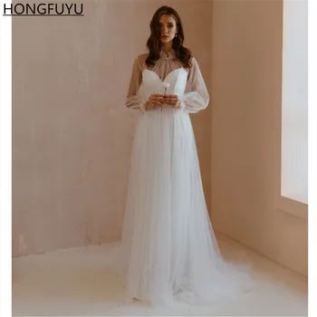 HONGFUYU Простое свадебное платье трапециевидной формы с длинными рукавами, robe de mariée, тюлевое платье с высоким воротом, vestidos de novia, свадебные платья со шлейфом
