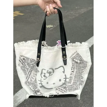 Sanrio hello kitty Вышитая холщовая сумка через плечо Повседневная сумка-тоут Сумка для девочек Модная сумка для хранения покупок