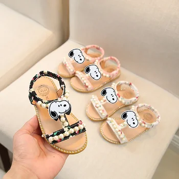 Snoopy 2022 новые летние корейские детские сандалии для девочек с открытым носком, жемчужные туфли принцессы, детские сандалии