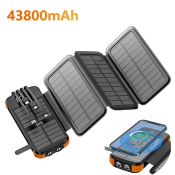 Аккумулятор солнечной энергии 43800mAh Qi Беспроводное зарядное устройство для iPhone Samsung Huawei, уличный портативный Powerbank с кабелем для Xiaomi