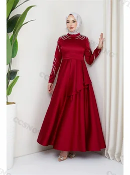 Аппликации на рукавах, вышитые бисером, Мусульманские вечерние платья с длинным рукавом, исламские вечерние платья с высоким воротом, женские арабские вечерние платья