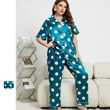 Атласная женская пижама в горошек, комплект из двух предметов, Летняя рубашка с коротким рукавом, Брючный костюм, Повседневная пижама, домашняя одежда