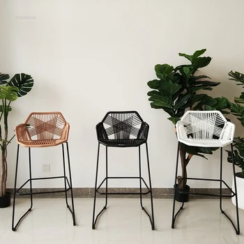 Барные стулья со спинкой из ротанга Nordic PP для кухни, современное кресло из кованого железа, кафе, ресторан на открытом воздухе, домашние высокие табуреты, барная мебель