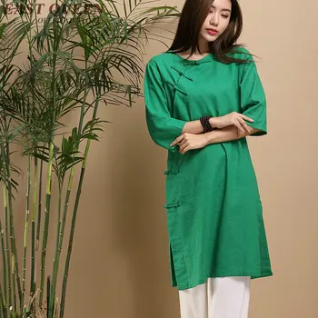 Блузки с воротником-стойкой в стиле ретро, восточное платье ципао, длинная рубашка в китайском стиле, повседневная женская льняная одежда AA2819 YQ