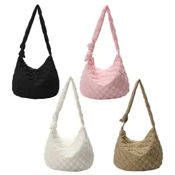 Большая вместительная сумка-хобо, модная стеганая женская сумка, однотонная, из мягкого хлопка, легкая, повседневная, на молнии, для женщин, подарок на День рождения