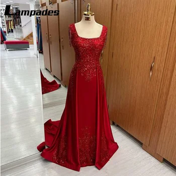Великолепное красное вечернее платье трапециевидной формы с вышитым бисером вырезом лодочкой, гламурные украшения из кристаллов для официальных мероприятий