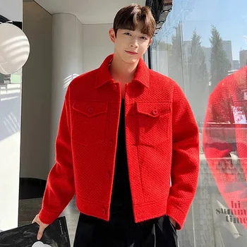 Весенняя Корейская модная утолщенная короткая вязаная мужская куртка, Мужское пальто 2023, однобортный однобортный цвет.