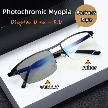 Винтажные деловые Полукадровые Фотохромные очки для близорукости, Металлические очки для близорукости, Готовые очки с минусом Диоптрий от 0 До -6,0