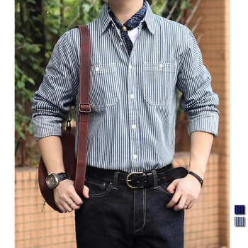 Винтажные полосатые рубашки-карго, мужская осенняя хлопковая футболка с длинным рукавом, повседневная одежда в американском стиле, ретро-синие рабочие топы Amekaji, новые