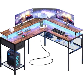 Г-образный стол Huuger Компьютерный Стол со Светодиодной Подсветкой и Розетками, Игровой Стол с Полками Для Хранения, Угловой Стол Для Домашнего Офиса