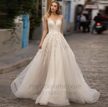 Длинное свадебное платье 2023, сексуальный V-образный вырез с открытыми плечами, Кружевные аппликации, расшитое блестками Платье невесты из тюля с открытой спиной, Простая роскошь, Плюс размер