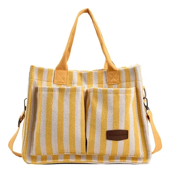 Женская полосатая сумка-тоут, простая хозяйственная сумка, холщовая сумка-мессенджер большой емкости, регулируемый ремень, Множество карманов, шикарная сумка-хобо