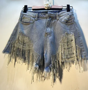 Женские джинсовые шорты и брюки Summer Hot Girl Breakthrough, высокая талия, цепочка со стразами и кисточками, прямые сексуальные мини-брюки с бочкой