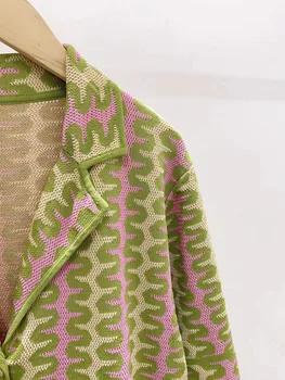 Женский вязаный костюм с контрастным цветным принтом, прямые длинные брюки с эластичной резинкой на талии или однобортный свитер с отложным воротником до половины рукава