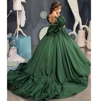 Зеленое платье в цветочек для девочек с длинным шлейфом, свадебное платье принцессы для девочек, платья для девочек на день рождения, модные винтажные платья для девочек