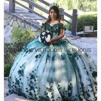 Изумрудно-Зеленое Пышное Платье с Украшением в виде кристаллов, Расшитое бисером, Бальное Платье С Открытыми Плечами, Сладкие 3D Цветы, 15 Конкурсных Платьев Vestidos De XV Años