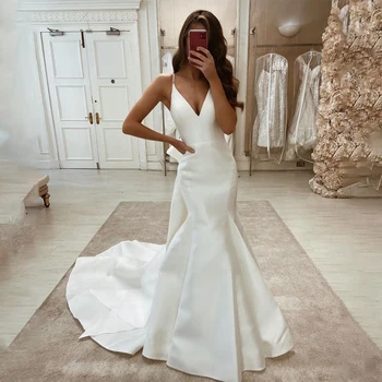Изысканное свадебное платье русалки из плотного атласа на тонких бретельках-спагетти, потрясающее свадебное платье с бантом vestidos largos