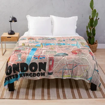 Иллюстрированная карта Лондона, Великобритания, с основными дорогами, достопримечательностями и яркими моментами, плед, милые большие одеяла для диванов