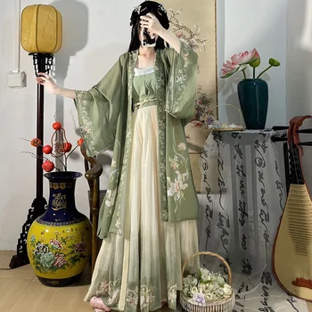 Китайское платье Hanfu, 3 шт. комплект, чайно-зеленое струящееся платье Макси, китайское древнее женское платье с вышивкой, костюм для съемки выпускного