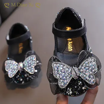 Кожаные туфли с милым бантом для девочек, весенние детские туфли принцессы с блестками, модные детские тонкие туфли с мягкой подошвой и кристаллами