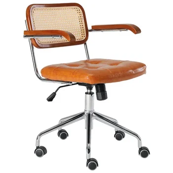 Компьютерный офисный стул из ротанга, Вращающийся стул в японском ретро-стиле, Удобное Сиденье для рабочего стола, Дышащий Подлокотник, Ротанговый стул