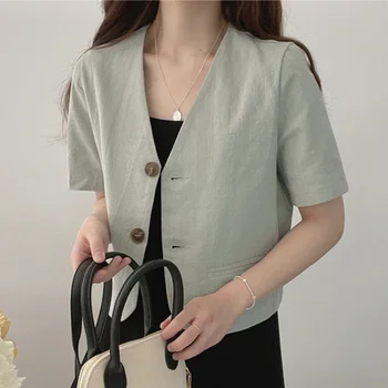 Корейский модный повседневный пиджак из хлопка и льна с V-образным вырезом, короткий рукав, две пуговицы, Женский летний новый полный комплект, кардиган