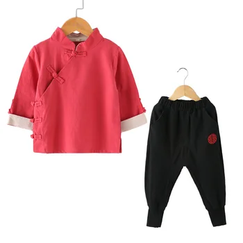 Красные однотонные кепки Hanfu для мальчиков и девочек в китайском стиле, весенне-осенние хлопчатобумажные льняные костюмы, пальто и брюки, костюмная одежда