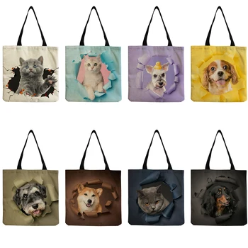 Креативный дизайн, женские сумки для кошек и собак, практичные Сумки для покупок с принтом милых животных, большая вместительная сумка через плечо, складная