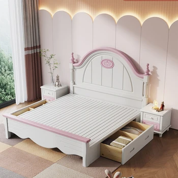 кровать принцессы для девочек, Современная и простая кровать из цельного дерева в европейском стиле, детская односпальная кровать, хранилище из необработанного дерева, кровать для девочек