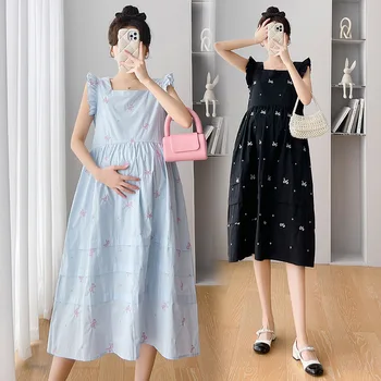 Летнее платье с вышивкой для беременных с летящими рукавами Ruili Sweet Dress Длинное платье с квадратным вырезом