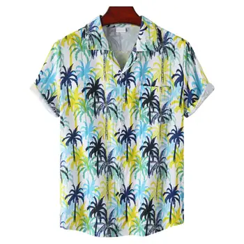 Летняя Мужская рубашка С лацканами, Короткий рукав, Накладной Карман, Однобортная Гавайская рубашка с принтом в виде дерева, Пляжная Одежда