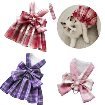 Летняя юбка-кошка, шлейка, клетчатый жилет с бантом, Поводок, Дышащая Регулируемая одежда для котенка, Праздничное тяговое платье, принадлежности для кошек и собак