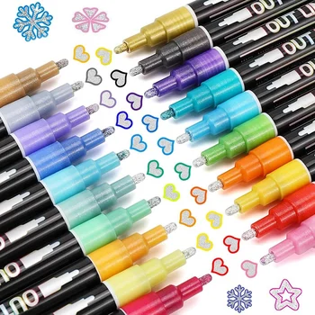 Мерцающие маркеры, контур каракулей ослепляет: 20 цветов, металлическая двойная линия, набор блестящих ручек, прочные блестящие загогулины