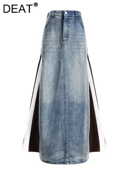 Модная женская юбка DEAT С высокой талией Контрастного цвета, Сшитые джинсовые юбки трапециевидной формы длиной до щиколоток, Зима 2024, Новинка Tide 17A7371