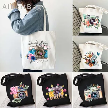 Модные холщовые сумки на плечо с цветочным рисунком для девочек-фотоаппаратов, бабочка, подсолнух, подарки, цветы, Harajuku Shopper, многоразовые хлопчатобумажные сумки