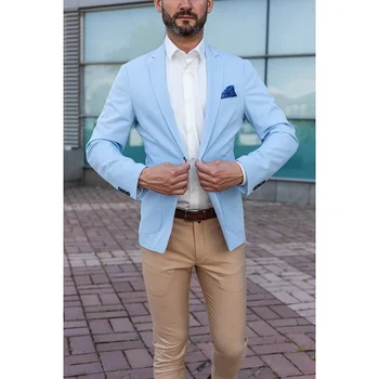 Модный новый мужской повседневный бутик, однобортный небесно-голубой блейзер, брюки цвета хаки, 2 предмета (куртка + брюки)