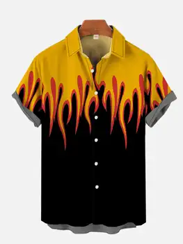 Мужская рубашка с 3D принтом пламени, гавайская повседневная рубашка с короткими рукавами, модная рубашка с отворотом для пляжного отдыха, мужская летняя рубашка на пуговицах