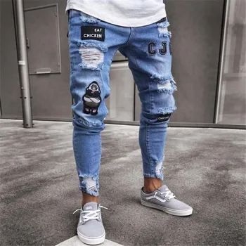 Мужские брюки, джинсы, мужские рваные, с заплатками, с нарисованным значком, джинсы, прямые, облегающие, в стиле хип-хоп, повседневные джинсовые джинсы для мужчин, мальчиков с дырками