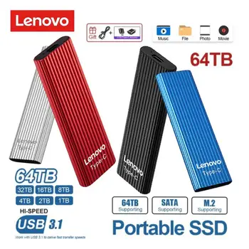 Оригинальный высокоскоростной портативный SSD-накопитель Lenovo объемом 64 ТБ, внешний жесткий диск Type-C, интерфейс USB 3.1 для ПК, ноутбуков, компьютерных планшетов.